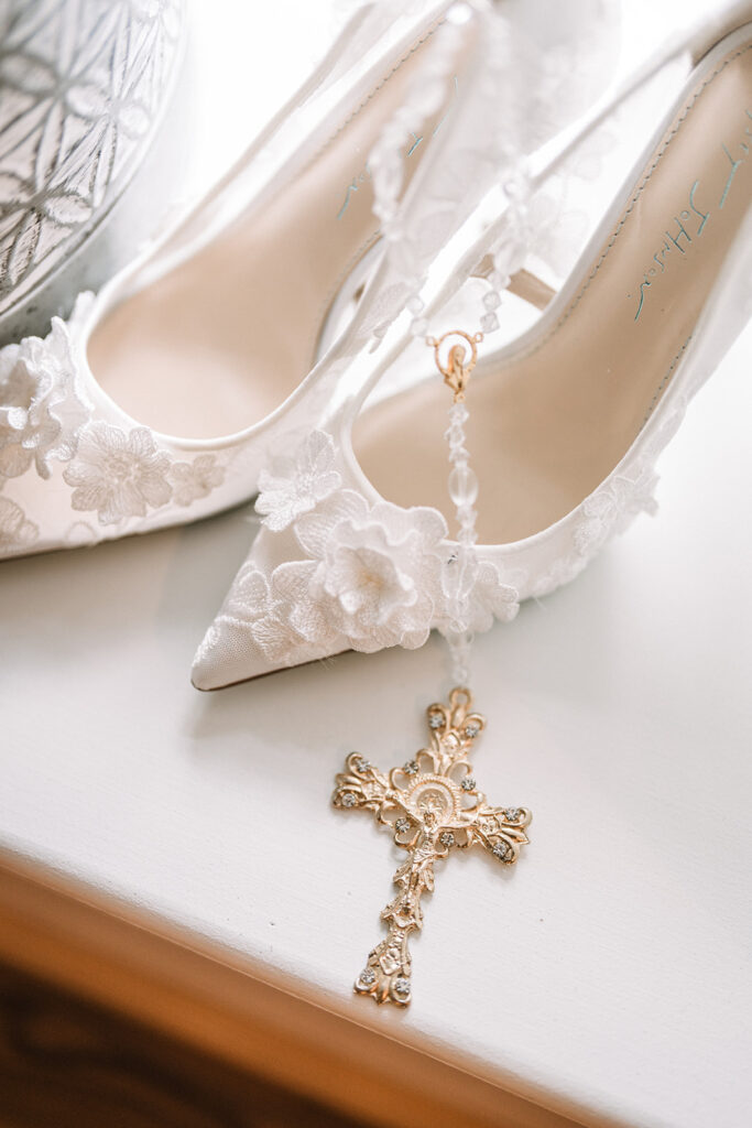 Bridal Details with cross and white shoes
